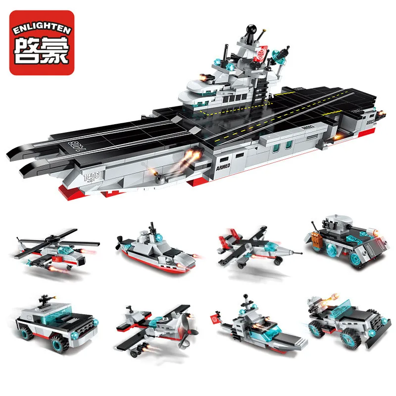 

8Pcs/lot Military Destroyer Aircraft Carrier Army Warship Weapon Technic Building Blocks Sets LegoINGLs Bricks Brinquedos Toys