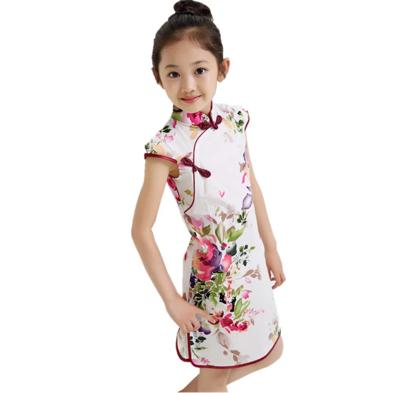 

Summer Chinese Traditional Dress Vintage Floral Pattern Girls Dresses Cheongsam Wedding Party Costume Children Clothing 3-14Y