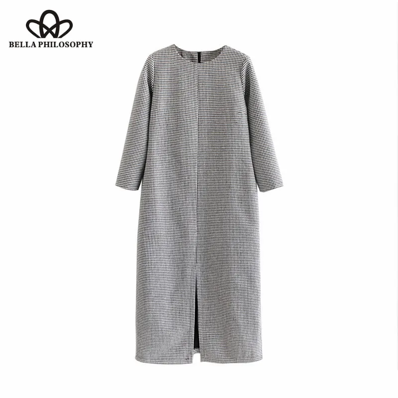 Wonder 2018 new autumn Vintage Houndstooth Slit Midi Dress O Neck Long Sleeve Back Zipper Plaid Dresses Casual Vestidos Mujer