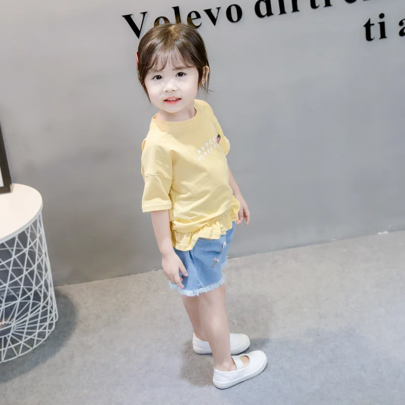 

2 Pcs/set Baby Girls Summer Fashion Clothing Small Girls Cute Korean Lace Short-sleeved Denim Shorts Children's Cloth Set
