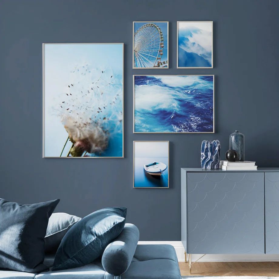 

Wall Art Canvas Panting Blue Sea Boat Mountain Dandelion Ferris Wheel Nordic Posters And Prints Wall Pictures For Living Room