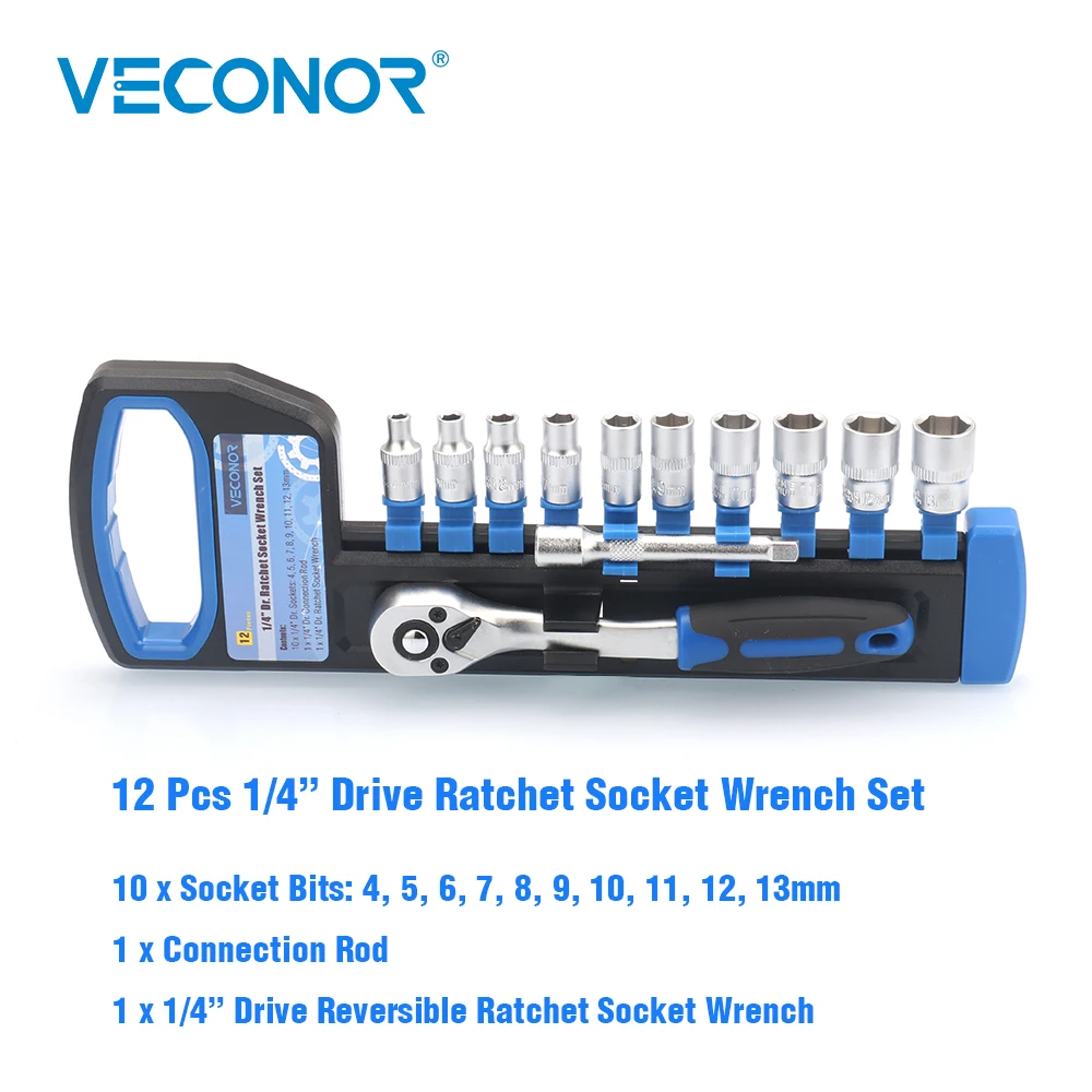 

12pcs 1/4" Drive Ratchet Socket Wrench Tool Kit Set Dull Polish Extension Rod Rack Packed