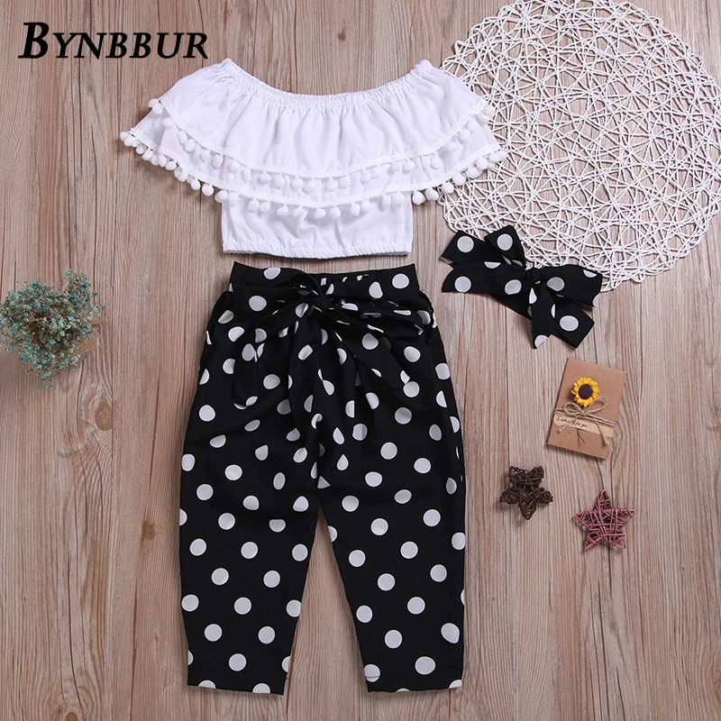 Bynbbur Tassels Top And Dot Print Pants Sets 2 Pieces Suits Girl Kids Off The Shoulder Cute Sets Cute Baby Girls 2019 Summer New