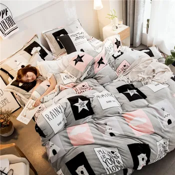 

4Pcs Fashion Scandinavian Warm Fluffy Flannel Fleece Winter Bear Grey Pink Twin/Queen/King Size Bed Quilt/Duvet/Doona Cover Set