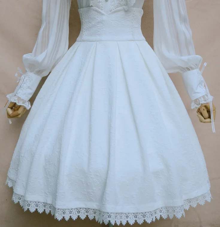Винтажная юбка с цветочным принтом, Жаккардовая юбка с высокой талией для женщин, Готическая официальная юбка, белая/черная/бордовая - Цвет: Белый