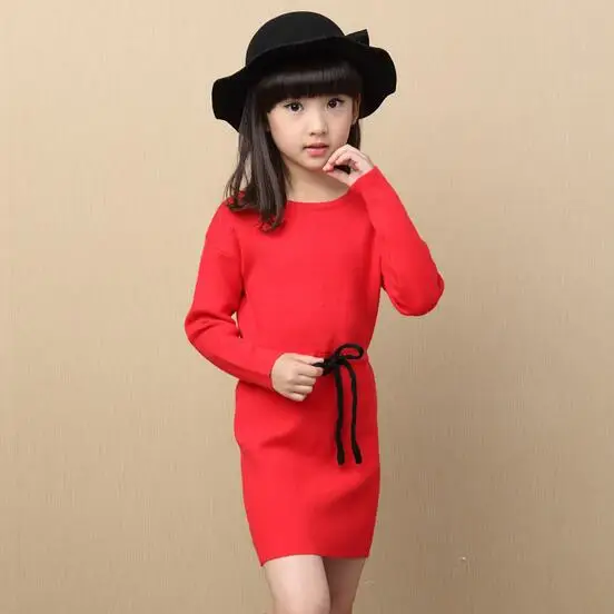 Платье-свитер с длинными рукавами для девочек; осень г.; Новинка; vestido infantil; свитер для девочек; рубашки; Верхняя одежда с длинными рукавами; однотонная От 6 до 15 лет; осень - Цвет: Red