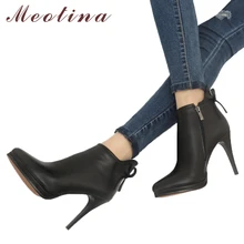Meotina/ботинки из натуральной кожи; женская обувь; ботинки на платформе и высоком каблуке; ботильоны из натуральной кожи с бантом; пикантная женская обувь; размер 40