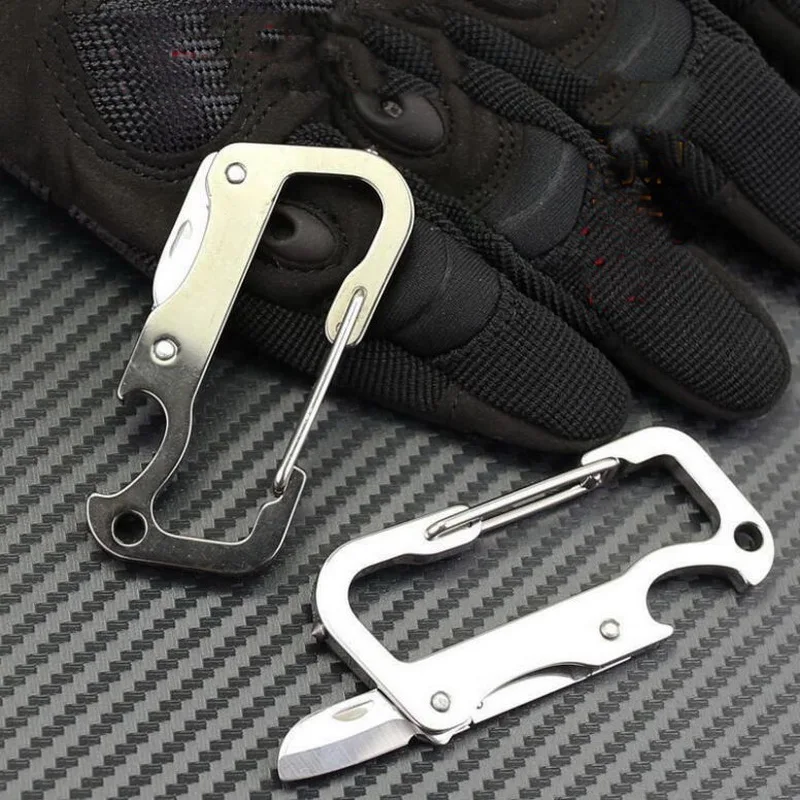 

Stainless steel EDC tool, D6 multi-function carabiner with cutting rope knife, camping hang buckle, bottle opener, letter opener