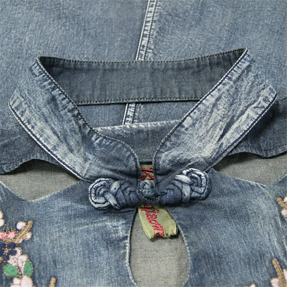 Vintage Summer Denim Dress 2019 Embroidery Women Dresses Stand Collar A-line Three Quarter Sleeve Elegant Vestidos K82137 (21)
