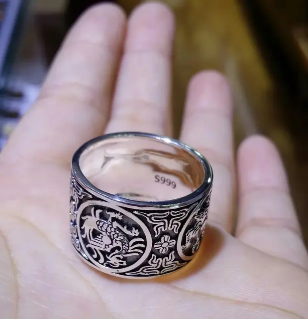 solid fine 999 silver ring men 15mm wide band carved dragon tiger large size rings
