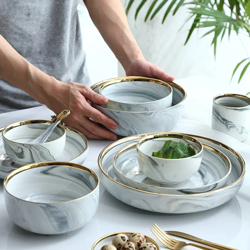 

Phnom Penh Marble Ceramic Bowl Modern Home Soup Bowl Plate Noodle Bowl Dinner big plate Tray Dish Party Tableware Supply