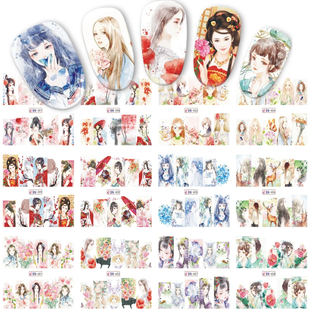 

12 Designs/Sets Nail Sticker Girl/Lady/Women Charm Pattern for Nail Art Full Decals Beauty Water Slider Nail Manicure BN397-408