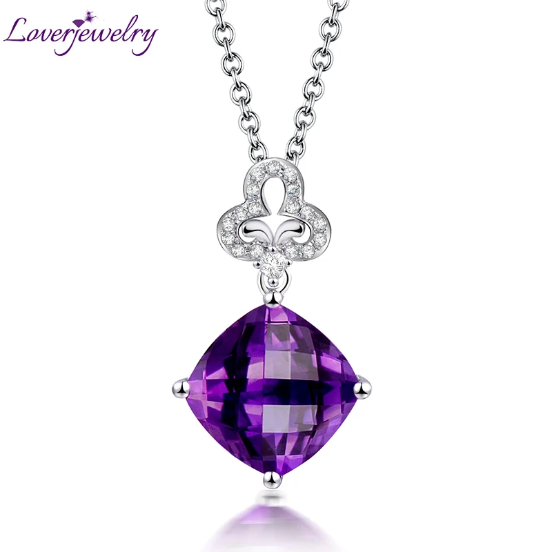 

Loverjewelry Simple Design Jewelry Solid 18Kt Au750 White Gold Amethyst Pendant with Diamond For Women Wedding Jewelry