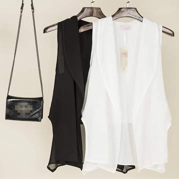 Офисная Дамская белая черная шифоновая рубашка Женский жилет модный необычный Летний жилет для женщин кардиган без рукавов куртка