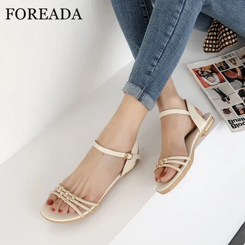 

FOREADA Summer Shoes Women Sandals Natural Genuine Leather Rhinestone Flat Shoes Cow Leather Buckle Sandals Lady Large Size 3-12