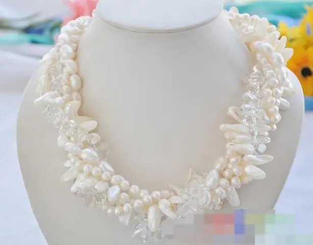 

song voge gem nanJ0942 5row white round rice pearl Transparent crystal necklace