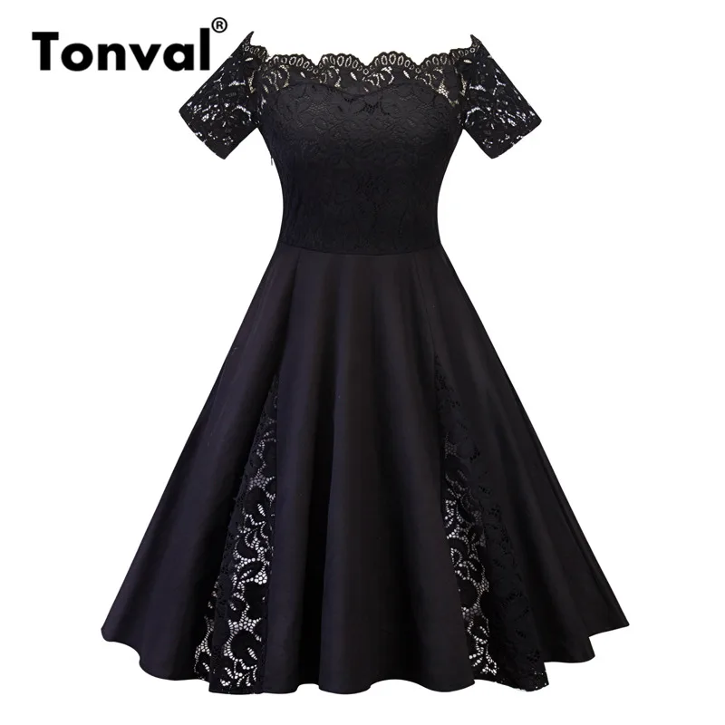 Tonval 4XL 5XL размера плюс контрастное кружевное винтажное платье женские вечерние платья с открытыми плечами роковой Элегантный Большой размер сексуальные платья - Цвет: Черный