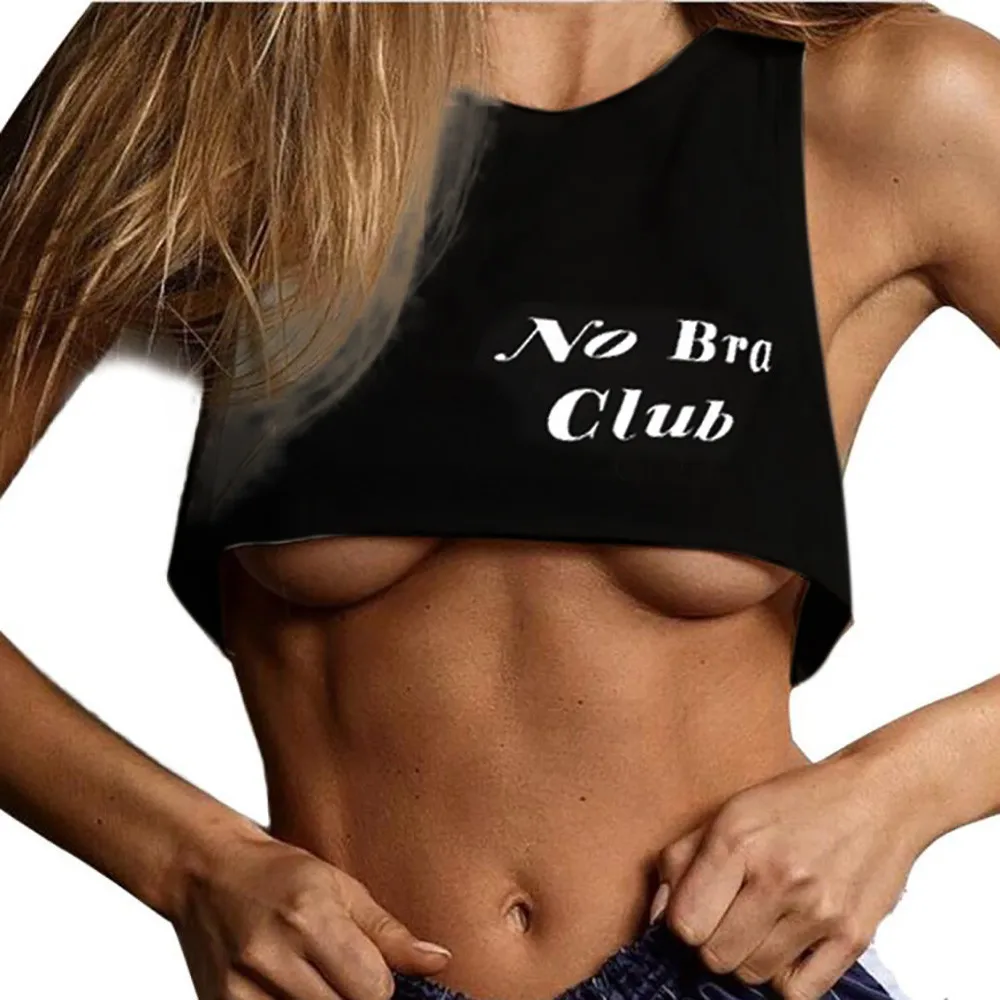 New Womens No Bra Club Letter Print Crop Top Short Vest Solid Lady 