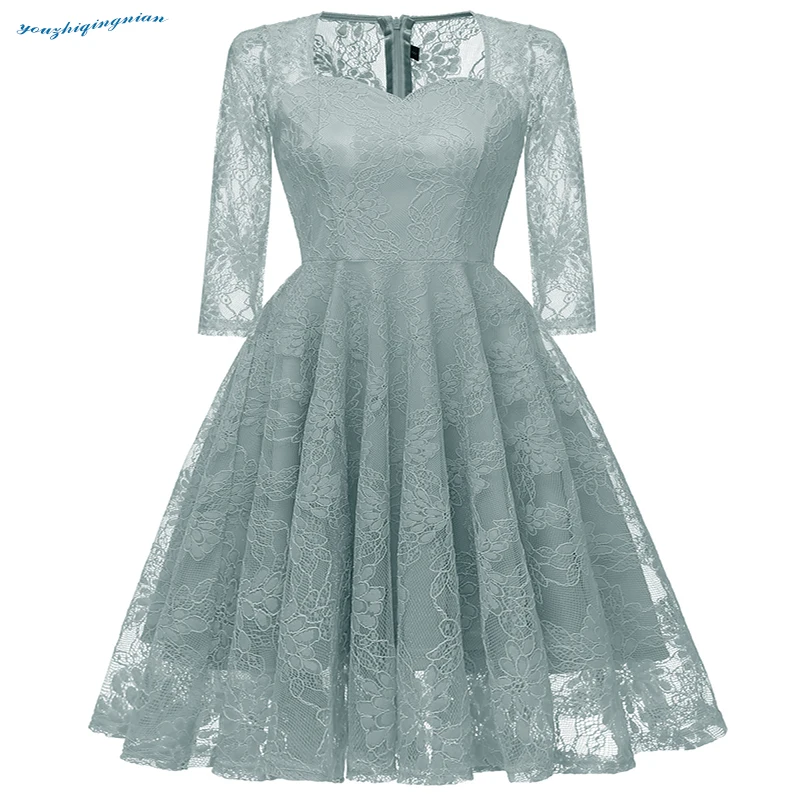 2018The new fall dress comes with a seven-point sleeve and a blue-gray v-neck high-end dress for parties and weddings. Dresses