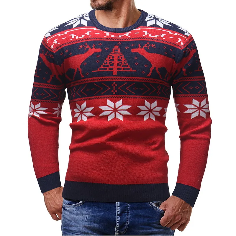 Men's Christmas Sweater Elk Print Crew Neck Knitted Pullovers Male Christmas Casual Warm Long Sleeve Slim Knitwear Adisputent