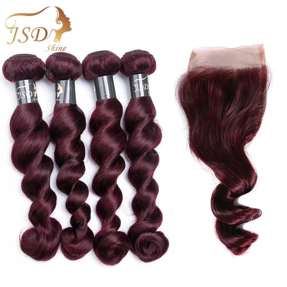 

JSDShine Burgundy Brazilian Loose Wave Hair Bundles With Lace Closure 99J Human Hair Hair Weave Bundles With Closure Non Remy