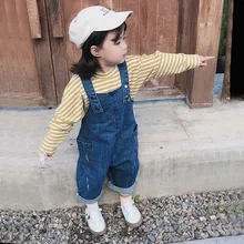 Новые широкие джинсы для мальчиков и девочек, брюки, весна, однотонные штаны на подтяжках для маленьких девочек, одежда для маленьких девочек 3-8 лет