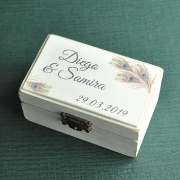 

Wedding Ring Box Personalized Wedding Ring Bearer Holder Box, Peacock Feather Jewelry Box Rustic Wedding Gift