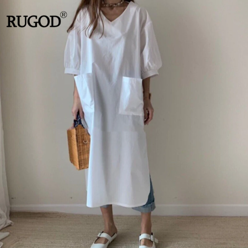 

RUGOD Women casual dress Solid Short Lantern sleeve Pocket V-neck Loose dress Mid-calf Simple and comfortable style dress