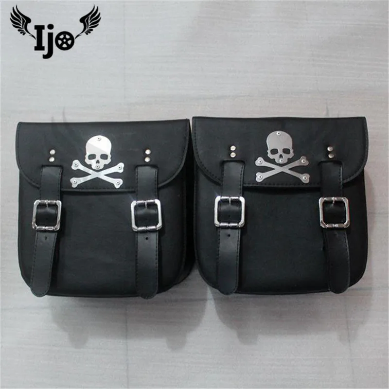 Ijo Pair Black Universal Motorcycle PU Leather Saddlebags Storage Tool Pouches Bags Left Right Saddle Bag Tail Luggage Bag