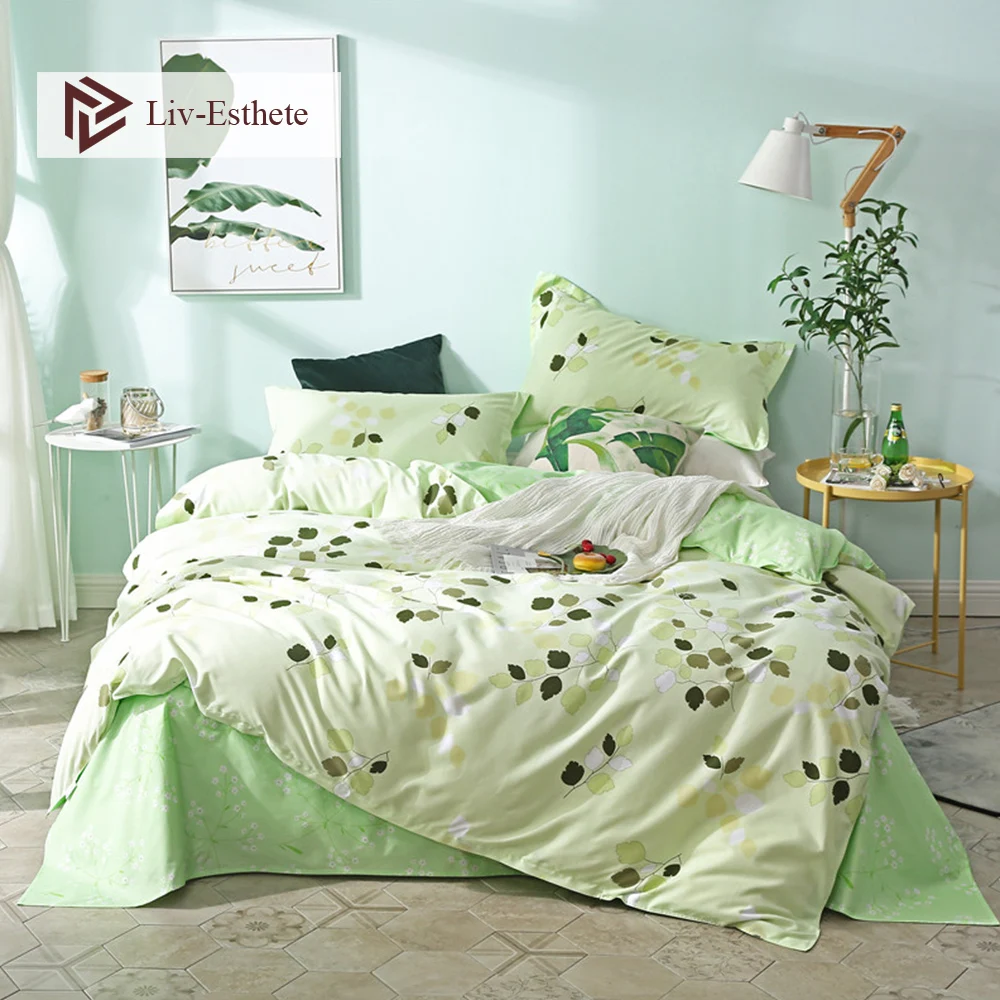 

Liv-Esthete Green Leaf Bedding Set Double Queen King Duvet Cover Pillowcase Soft Flat Sheet Bed Linen Bedspread For Adult