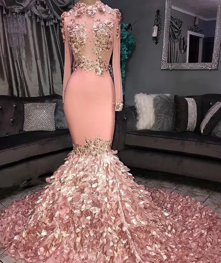 Изготовленные На Заказ Розовые платья выпускного вечера с длинными рукавами сексуальный, кружевной, с аппликацией, высокое украшение шеи элегантное вечернее платье