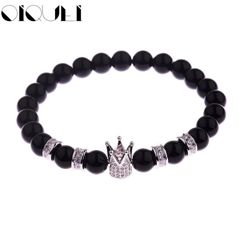 

OIQUEI CZ Crystal Crown Cube Men's Beaded Bracelet Elasticity Adjust Size Natural Stone Beads Bracelet Gifts For Best Friend