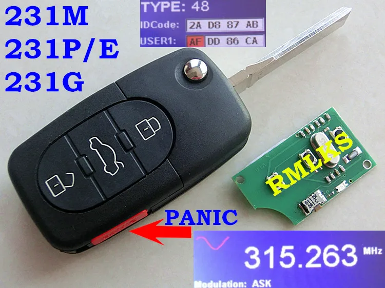 RMLKS флип 4D0 837 231N 231P 231 метрового дистанционного брелок 315 433 МГц ID48 чип для Audi S6 A3 A4 A6 ТТ для Audi A4 8Z0 837 231 г