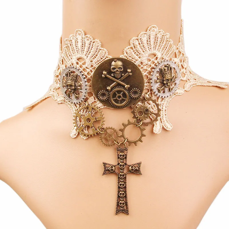 Halloween Skeleton Cross Pendant Necklace For Women Gothic Choker