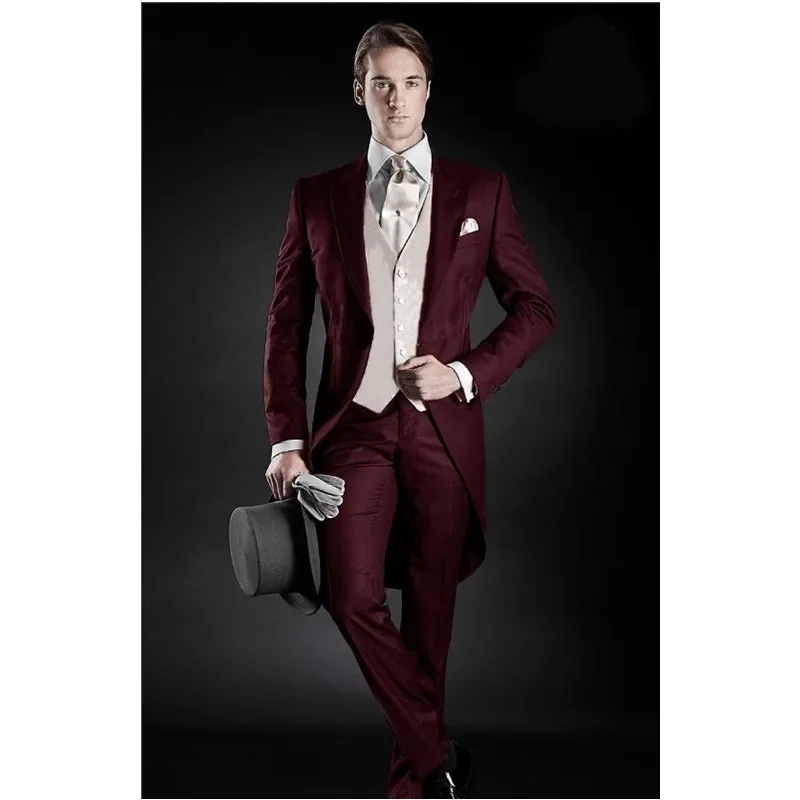 

Italian Mens Burgundy Tailcoat Wedding Suits for Men Groomsmen Suits 3 pieces Set (Jacket+Pants+Vest) Groom Homme Wedding Suits