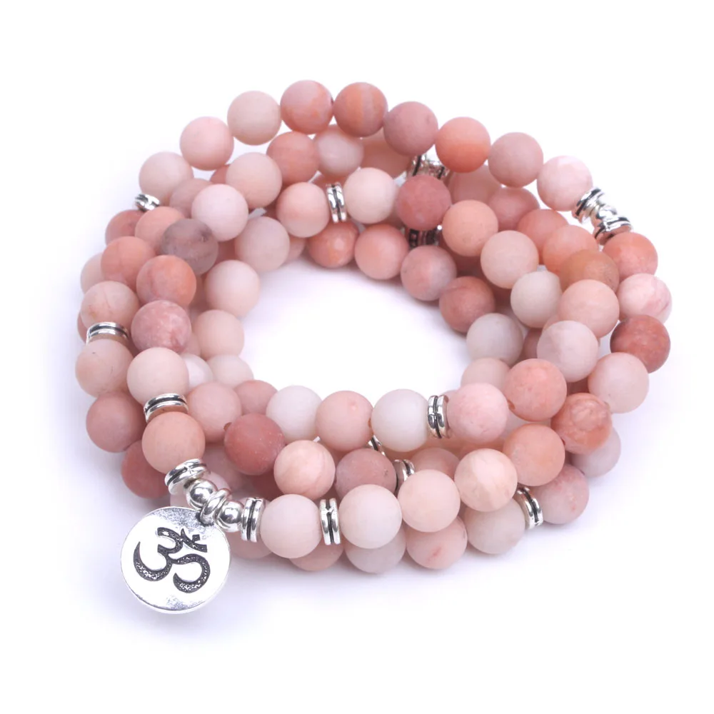 108 Pink natural stone Frosted mala bracelet elasticity OM,Lotus, Buddha Charm Bracelet for women yoga necklace dropshipping