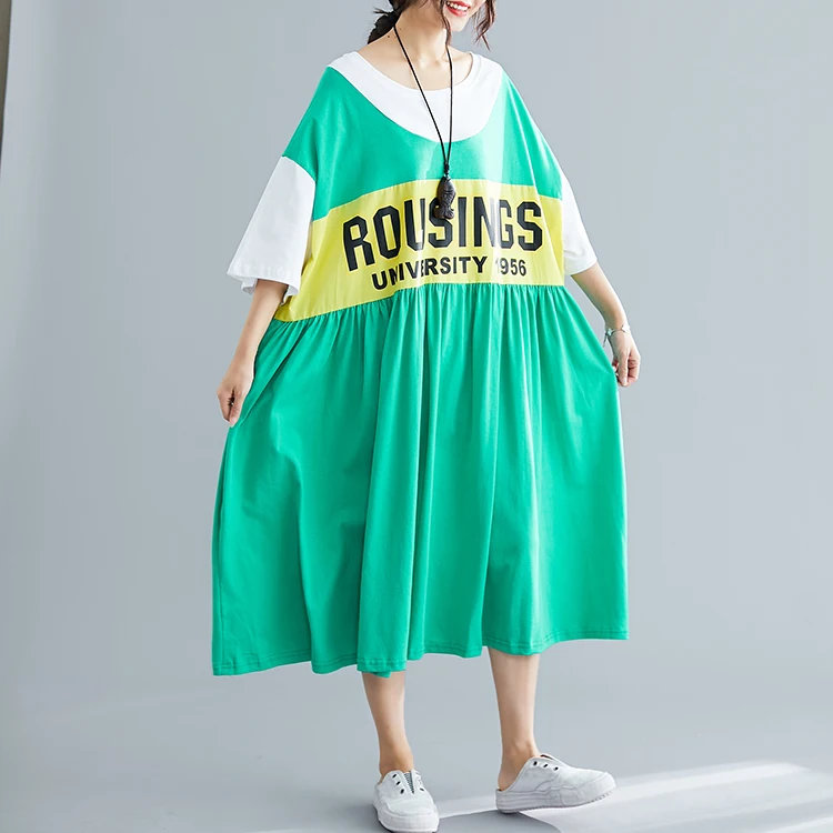 Plus Size Korean Cotton T Shirt Dress Summer Midi Patchwork Dresses For Women 4XL 5XL 6XL 7XL Vestidos Loose Pleated Dress