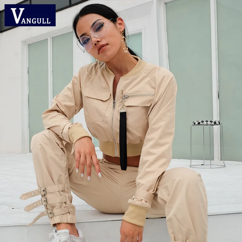 

Vangull 2019 Spring Autumn Fashion Women Two Pieces Suit Crop Tops Pants Female Casual Sets Buckle Street wear Jacket Pant Sets