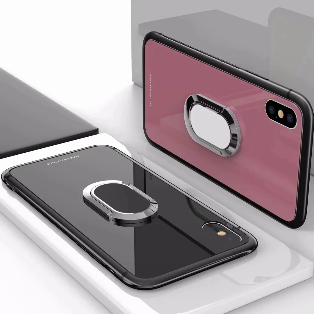 For iphone X case 360 degree rotation Finger Ring magnetic metal bracket kickstand Tempered Glass Case for iphonex cover |