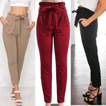 

Women Cotton Blend Pants Elastic High Waist Cropped Length Trousers Solid Women Cotton Blend Harem Pants Elastic High Waist