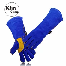KIM YUAN 005/6/9/11L кожаные сварочные перчатки-тепло/огнестойкие, для сварщика/печи/камина/обработки животных/барбекю-синий 14& 16in