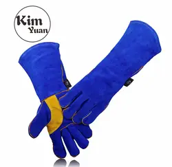 Ким юаней 005/6/9/11L кожаные перчатки сварки-Heat/огнестойкие, для сварщика печи/камин/животных обработки/барбекю-синий 14 и 16in