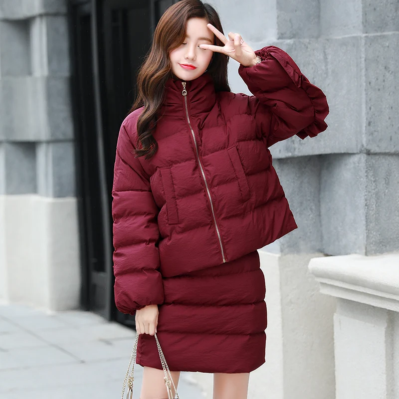 2 D'hiver Vers Jackets Femmes Femelle Hiver Plus light Élégant Vêtements Outwear Pour Pink Manteaux Jupes Skirt Bas Le Les Pièce 2018 Coton Wine Red La Nouveau Sets Tenues Taille Veste Chaudes q0T7A1t0