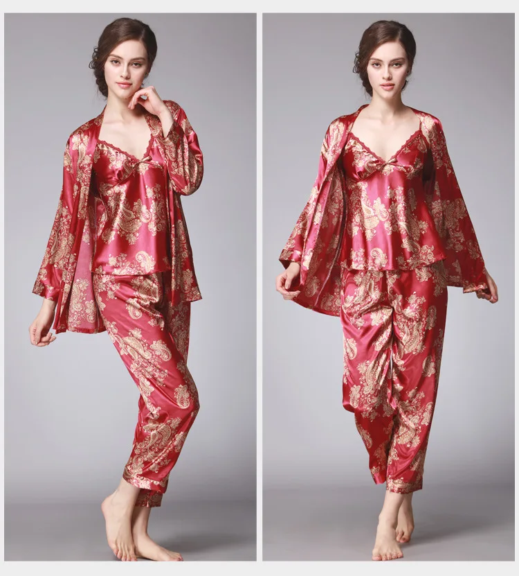 QWEEK Sexy Sleep Lounge 3 Pieces V-Neck Women Pajamas Set Elegant Print Long Sleeve Pyjamas Women Sleepwear Women Nightwear