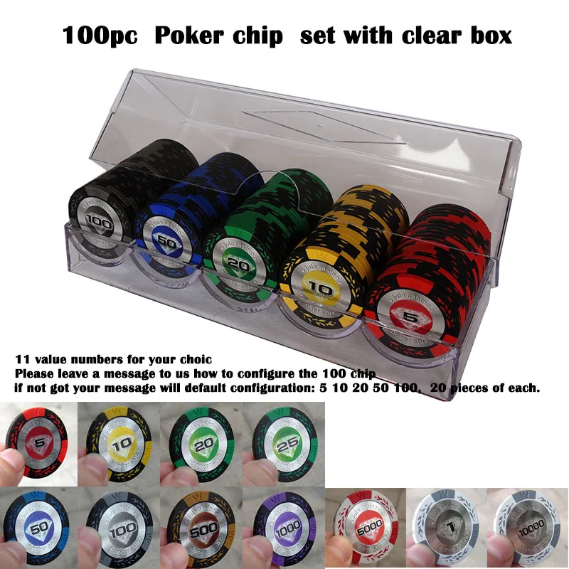 100pc poker chip set with clear box Texas hold'em coin in clay