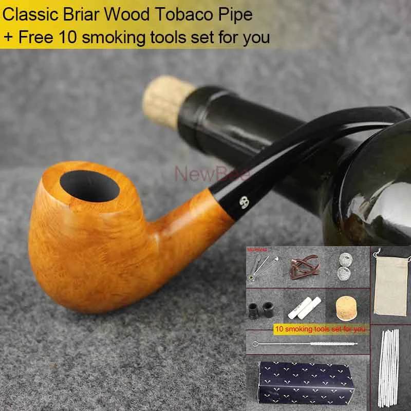 

RU-NewBee 10Tools Kit Pure Handmade Briar Wooden Smoking Pipe SOHO Flame and Birds Eye Wood Bent Tobacco Pipes 9mm filter aa0069