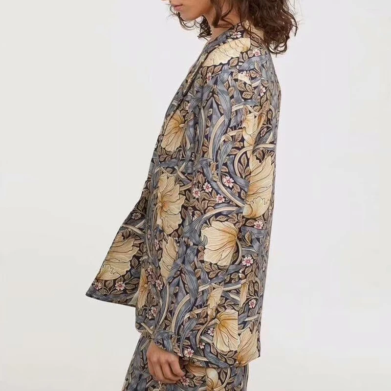 2019 Vintage Floral Print Women's Pant Suits Single Button Office Ladies Blazer Coat And Wide leg Trouser Female Two Piece Sets