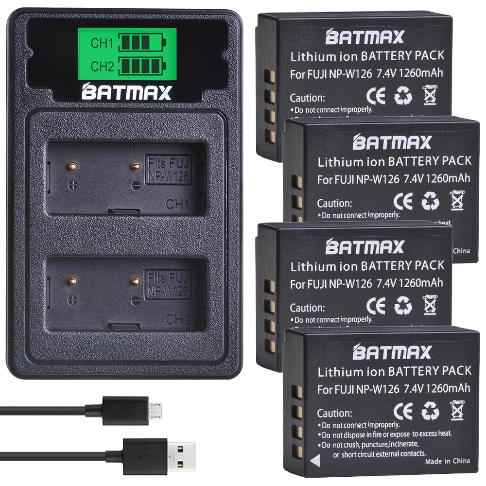 

4Pack NP-W126 Battery+LCD Dual USB Charger&Type C Port for Fujifilm FinePix HS30EXR HS33EXR X-Pro1 X-E1 X-E2 X-M1 X-A1 X-A2 X-T1