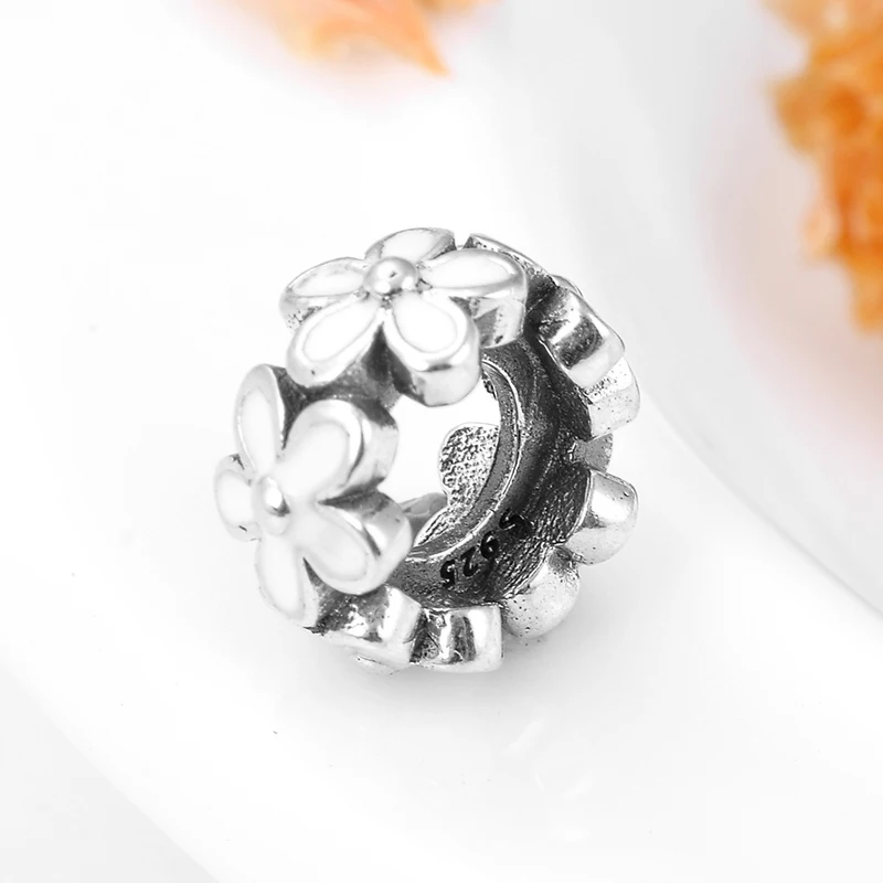 Горячая 925 пробы, серебряные, белые эмалированные весенние цветы, изящные бусины, подходят к оригинальному браслету Pandora, изготовление ювелирных изделий