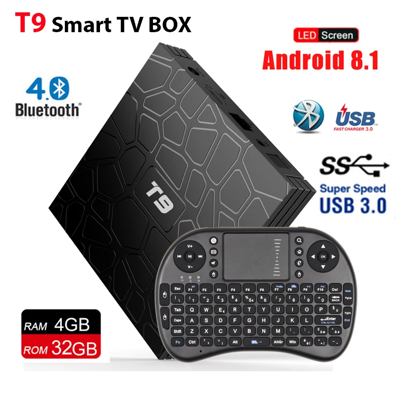 

4G/32G T9 Smart TV Box Android 8.1 RK3328 Quad Core USB3.0 Set Top TV Box 2.4G WIFI Bluetooth 4.0 google player 4K Media BOX